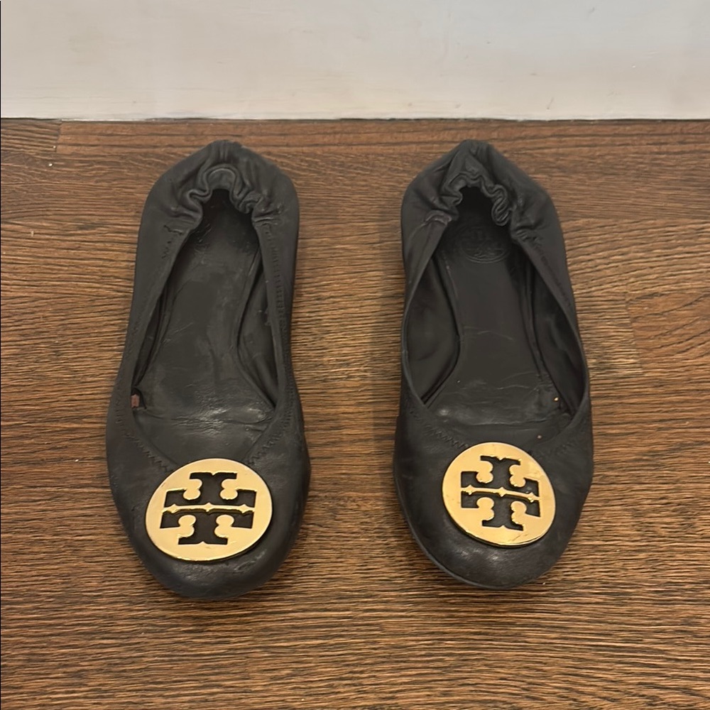 Tory Burch Black and Gold Flats with Logo
